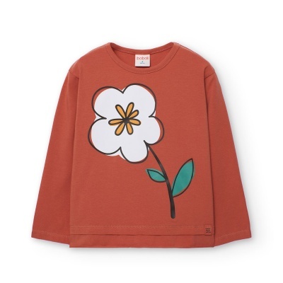 Camisola manga comprida algodão terracota com estampa de flor branca, amarela e verde.