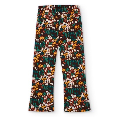 Calças florais multicoloridas com fundo castanho