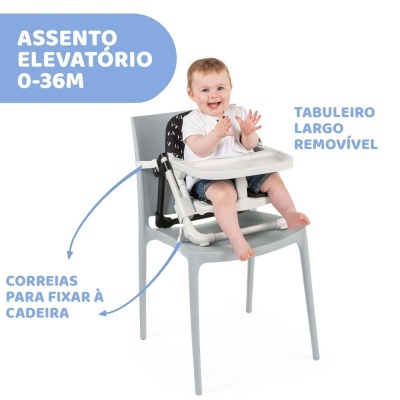 Assento elevatório 0-36 meses com tabuleiro removível e correias para fixar à cadeira
