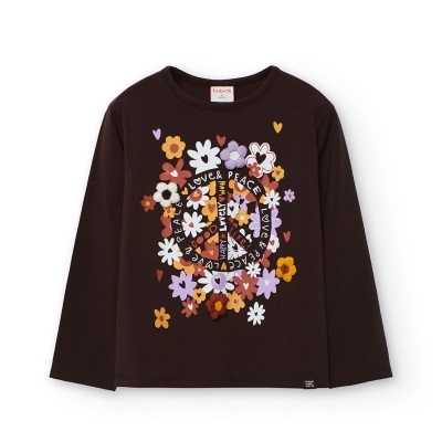 Camisola preta infantil com estampado de flores e símbolo da paz