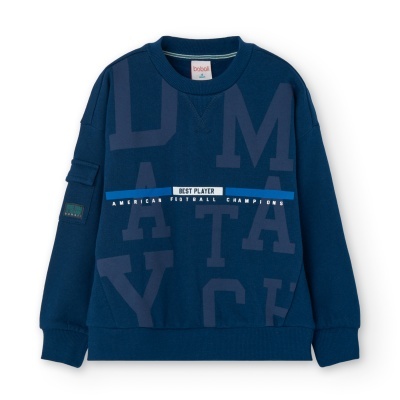 Sweatshirt azul escuro para criança com estampados em azul e texto 'BEST PLAYER AMERICAN FOOTBALL CHAMPIONS'