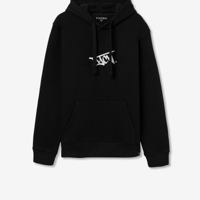 Sweatshirt preta com capuz, cordões e bolso canguru, padrão branco central