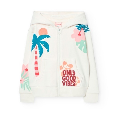 Casaco de criança branco com capuz, fecho de correr, palmeiras e flores coloridas, texto ONLY GOOD VIBES