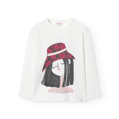 Camisola branca manga comprida com estampa menina chapéu vermelho corações