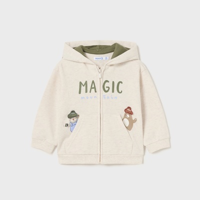 Casaco com capuz bege para criança com estampas de ursos e texto MAGIC