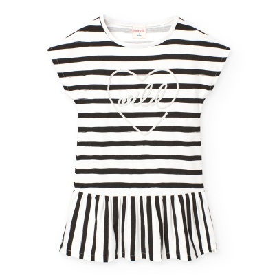 Vestido infantil riscas pretas e brancas com coração e letras mi