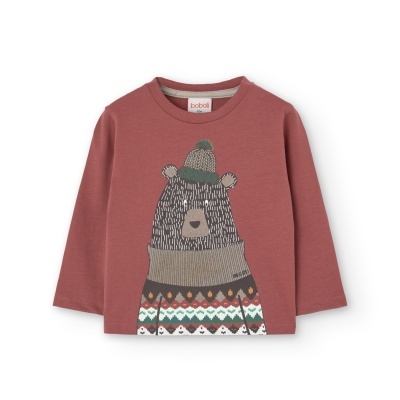 Camisola de criança tijolo com estampa de urso e padrões coloridos