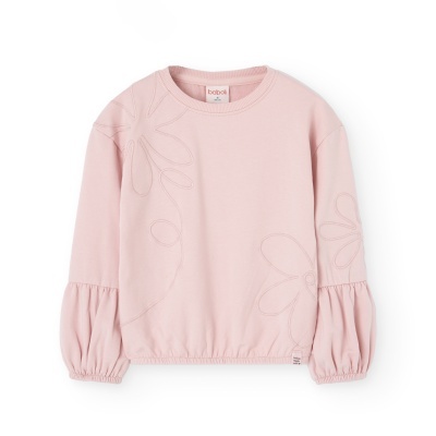 Sweatshirt rosa claro para criança com bordados florais e mangas bufantes