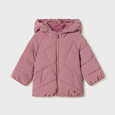 Casaco infantil acolchoado rosa com capuz e fecho de correr