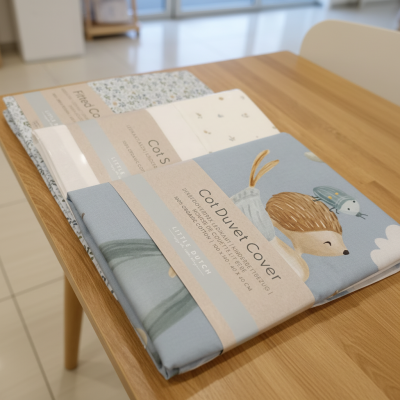 Três capas de edredão para berço com embalagens da marca Little Dutch em cima de mesa de madeira clara