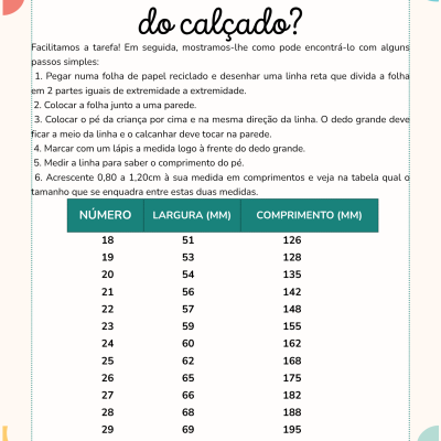 Folheto da victoria com instruções para escolher o tamanho do calçado e tabela de tamanhos em milímetros.