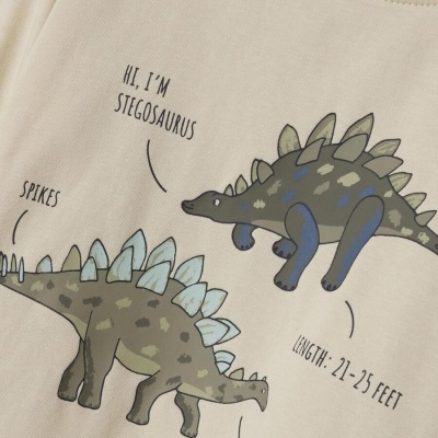 T-shirt bege clara com estampado de dinossauros Stegosaurus e texto em inglês