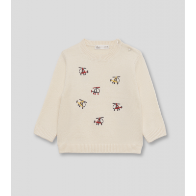 Camisola de malha bege com helicópteros bordados para bebé