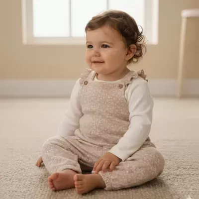 Bebé com jardineira bege de padrão floral branco e camisa branca de manga comprida sentado no chão