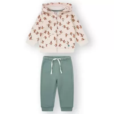 Conjunto infantil com casaco de capuz estampado e calças verdes