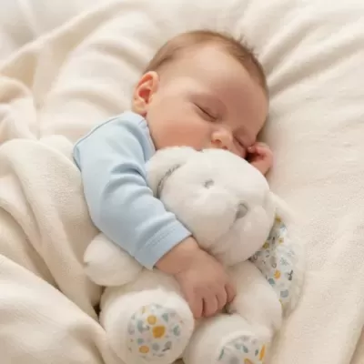 Bebé a dormir abraçado a ursinho de peluche branco sobre manta creme