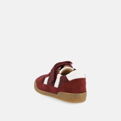 Sapatilha infantil bordeaux e branco com sola bege e fecho de velcro