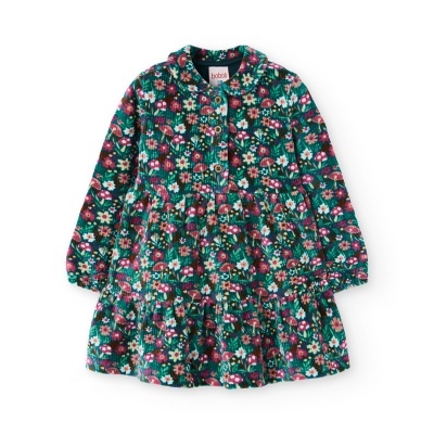 Vestido infantil floral verde com botões frontais