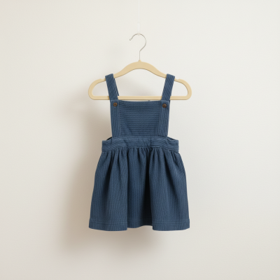 Vestido infantil azul escuro com alças largas pendurado em cabide de madeira