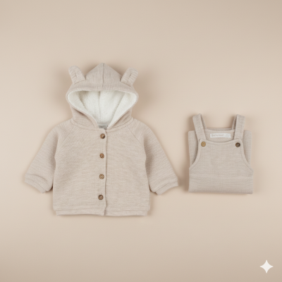 Conjunto de casaco com capuz e babete bege para bebé