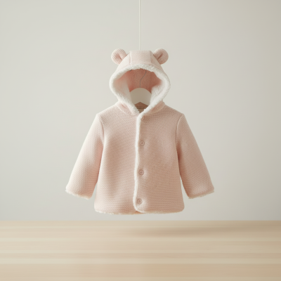 Casaco infantil rosa claro com capuz e orelhas redondas