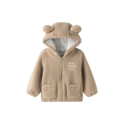 Casaco de bebé bege felpudo com capuz e orelhas