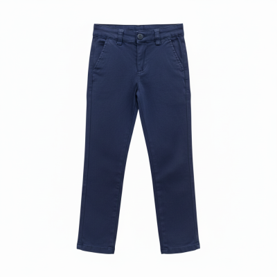 Calças compridas masculinas em tecido azul escuro com bolsos frontais