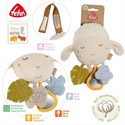 Brinquedo bebê ovelha em tecidos suaves com chocalho e espelho em embalagem Fehn