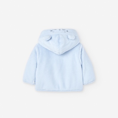 Casaco felpudo azul claro para bebé com capuz com orelhas e rosto bordado