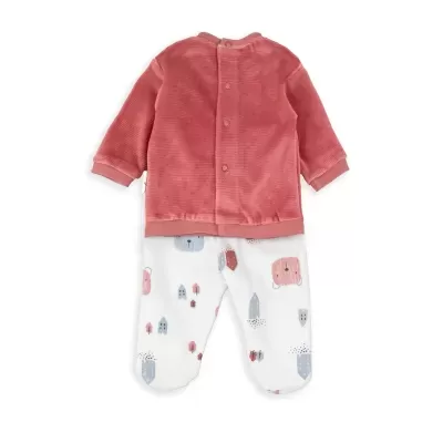 Conjunto de bebé com casaco de veludo rosa e calças brancas com padrão colorido