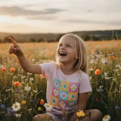 Camisola rosa clara com flores sorridentes coloridas e texto, usada por criança sentada em campo florido