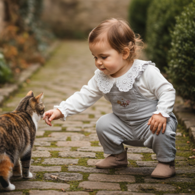 Bebé a interagir com gato numa calçada de pedra