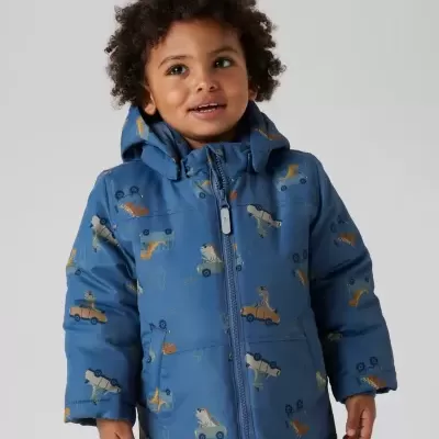 Casaco azul para criança com padrão de dinossauros em carros, com capuz e fecho de correr
