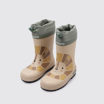 Galochas infantis bege com desenho de leão e parte superior cinza com cordão ajustável