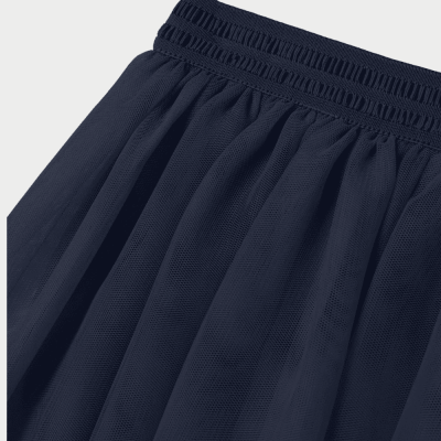 Saia azul escuro de tule com cós elástico e textura translúcida