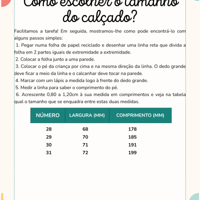 Guia de como escolher o tamanho do calçado da marca muri's com tabela de medidas e instruções em português.