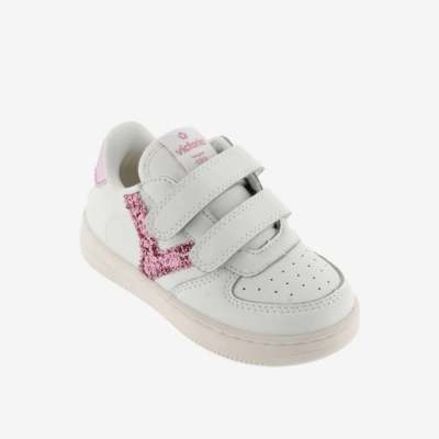 Sapato desportivo infantil branco com detalhes rosas