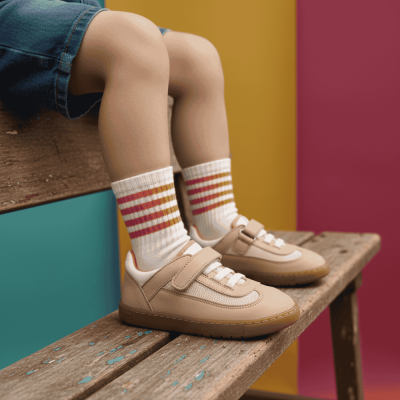 Ténis infantis bege com meias riscas sentados num banco de madeira
