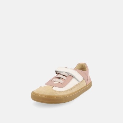 Sapatilha de criança bege, rosa e branco com fecho de velcro.