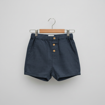 Calções azuis escuros com três botões castanhos pendurados num cabide de madeira.