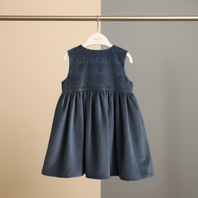 Vestido infantil azul-escuro sem mangas com padrão discreto, pendurado num cabide branco num fundo bege e cinza.