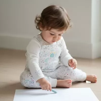 Bebé a desenhar sentado no chão com roupa com padrão colorido