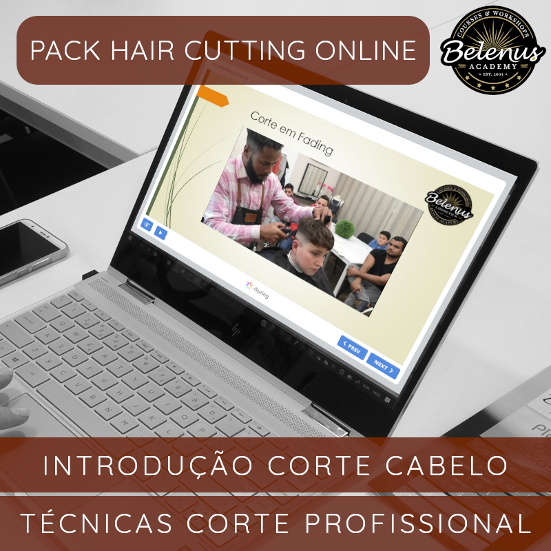 Pack Starter Duo: Cortes Cabelo em Barbearia & Cabeleireiro Computador portátil com apresentação de curso de corte de cabelo online da Belenus Academy