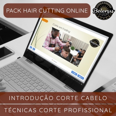 Computador portátil com apresentação de curso de corte de cabelo online da Belenus Academy