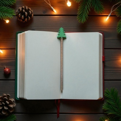 Caderno aberto com marcador de página de árvore de Natal sobre mesa de madeira decorada com luzes e pinhas
