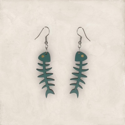 Brincos em forma de esqueleto de peixe verde-azulado com gancho prateado