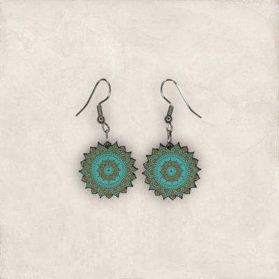 Brincos mandala azul turquesa e castanho com gancho prateado