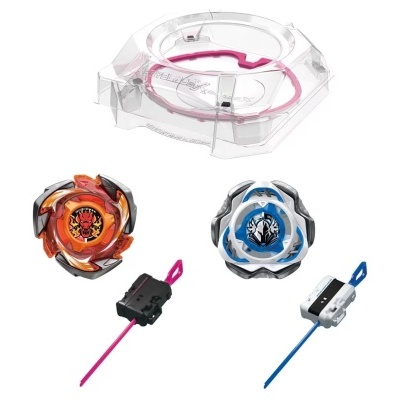 Dois piões de batalha, dois lançadores e uma arena de batalha transparente