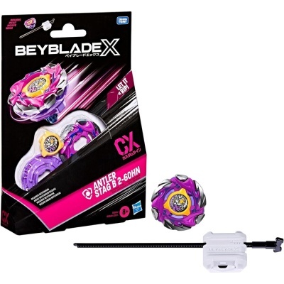 Conjunto Beyblade Burst Antiiler Stag B 2-60HN com pião roxo e amarelo, lançador branco e embalagem preta rosa