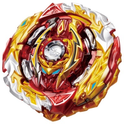 Disco Beyblade com cores vermelho, dourado, branco e prateado